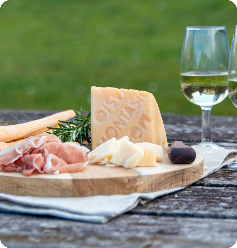 Tagliere di salumi e Montasio con calice di vino bianco